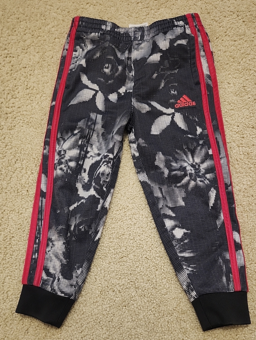 adidas Toddler Girl Size 3T Black & Grey Floral Joggers with Pink Side Stripes